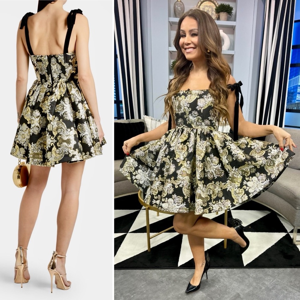 Alice + Olivia Fay Jacquard Corset Metallic Mini Dress Black Gold Silver 4 Small - Picture 13 of 14